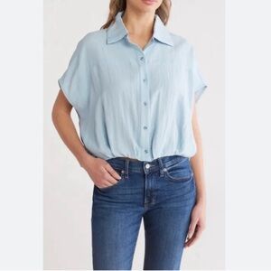 Light Blue oversized Button-Up collared collar shirt top blouse